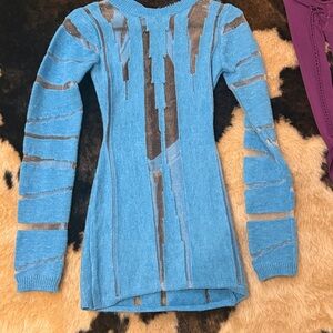 Chic Blue and Gray Long Sleeve Women's Top